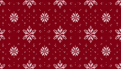 Festive knitted pattern features snowflakes on a red background