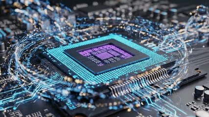 Artificial intelligence processor chip, with data flowing lines background, Machine Learning Concept - Powered by Adobe