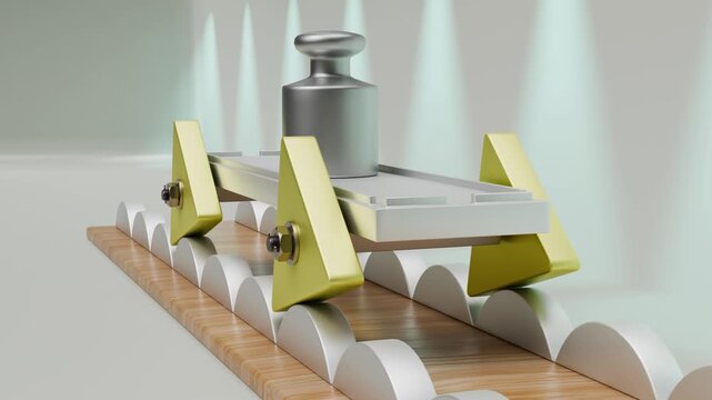 A metal cart on triangular wheels demonstrates the ability to move along a special wavy track