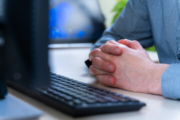 Waiting Hands Rest By Office Keyboard During Meeting, Patience In Workflow Review And Decision For Business Approval, Customer Support Response And Project Planning
