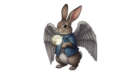 Whimsical Fantasy Illustration of a Winged Rabbit Character Holding a Glowing Moon Orb isolated PNG with Transparent Background