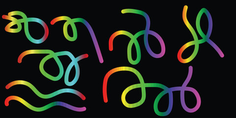 Naklejka premium Abstract Color Line Shapes 3D Gradient Wave Pattern Vector Rainbow Swirl Ribbons Fluid Graphic Design Black Background