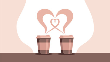 Couple sharing love over steaming cups of coffee in heart shaped steam