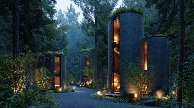 cozy cylindrical cabins illuminated at night in serene forest setting vertical concrete cylinder hotels in ecominimalist design