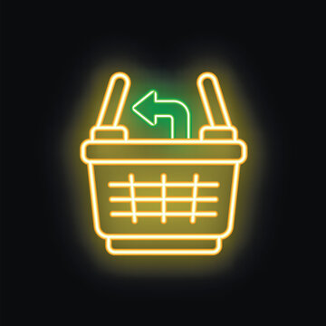 Neon shopping cart with return arrow is glowing over dark background
