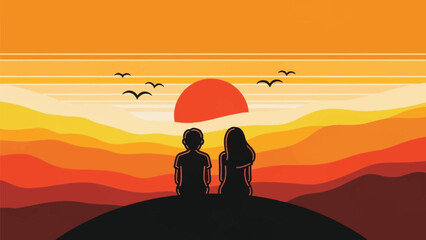 Couple watching vibrant sunset together on hilltop at dusk
