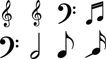 Fototapeta premium Silhouette vector set of 6 musical notes and clefs treble bass eighth and quarter notes