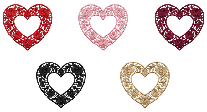 Set of five embroidered heart frames with floral pattern, diverse colored fabric applique patches, lace texture hearts, romantic Valentine's Day decorations