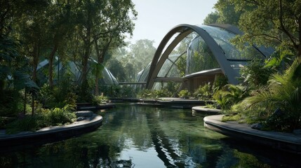 a futuristic ecostructure surrounded by lush greenery and water harmonizing nature with urban architecture