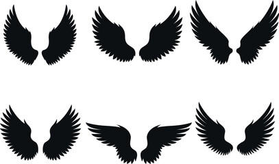 Obraz premium Angel Wings Silhouette Set with Symmetrical Black Feather Shapes for Tattoo Logo and Design – Vector Illustration
