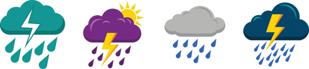 Weather Cloud Rain and Thunderstorm Icon Set with Lightning and Raindrops &ndash; Vector Illustration