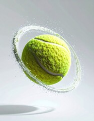 Vibrant Tennis Ball with Swirling Sparkling Dust Ring on Grey