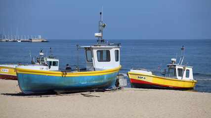 Fishing boats on sandy Sopot Beach