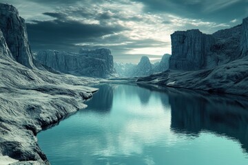 Serene river flowing through dramatic rock formations at twilight near a mountain range