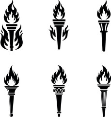 Collection of six distinctive torch illustrations in black on white background