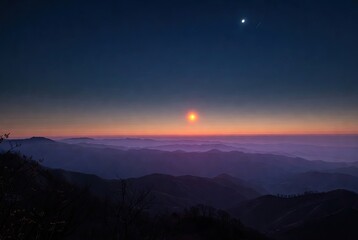 Naklejka premium A serene twilight over rolling mountains with a vibrant horizon and distant celestial bodies