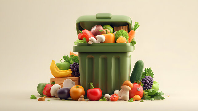 A green trash can overfilled with fresh vegetables and fruits, emphasizing healthy eating, organic produce, and natural nutrition.