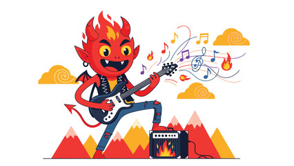 Cartoon devil playing electric guitar with flames and music notes