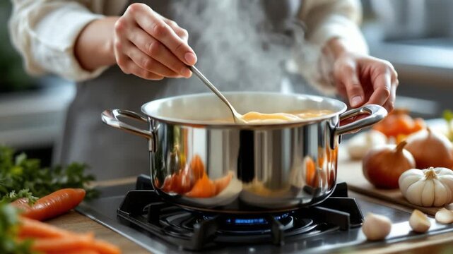 Woman cooking pasta in stainless steel pot on stove with vegetables  