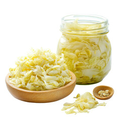 Sauerkraut in glass jar and wooden bowl isolated on white background

