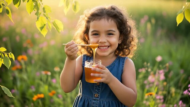 Young girl smiling while holding jar of honey in flower field  