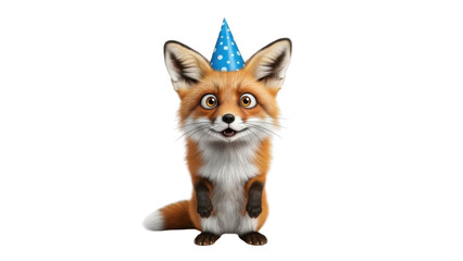 Obraz premium Adorable Red Fox Character Wearing a Blue Birthday Party Hat isolated PNG with Transparent Background