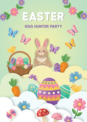 Easter banner or party invitation background with bunny, basket, colorful eggs, carrots and butterflies in paper cut style. Pastel green sky with clouds, spring flowers and festive decoration