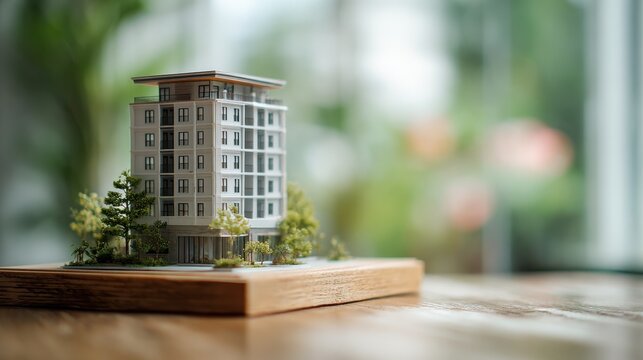 modern miniature building model on wooden surface with blurred background indoor