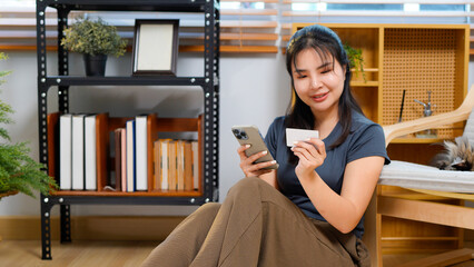 female shopper buyer customer girl lady homeowner online shopping buying goods with mobile phone credit card payment internet store using bank app pay order food delivery at home