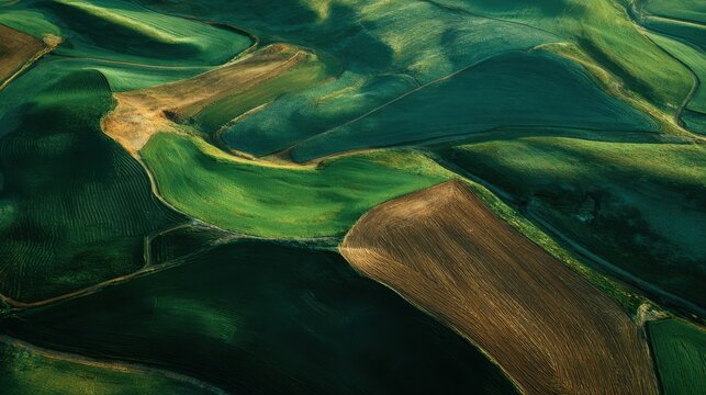 aerial view of green fields and soil patterns under sunrise - Powered by Adobe