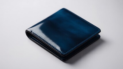 Blue leather wallet on white surface