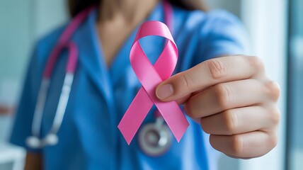 Doctor holding pink ribbon for breast cancer awareness