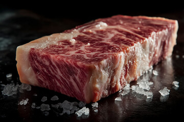 Raw marbled beef steak with sea salt on dark background, premium meat concept