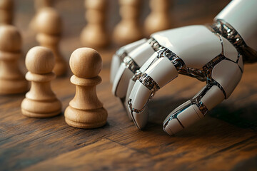 Focused robot hand plays strategic game of chess. This AI competition symbolizes future business and technology