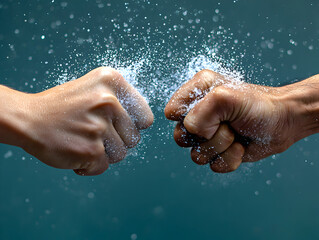 Powerful fist clash shows conflict and competition. An intense showdown with impact creating dynamic water splash