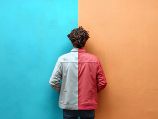 Man choice and decision in conceptual comparison. versus and opposite contrast creating difficult dilemma