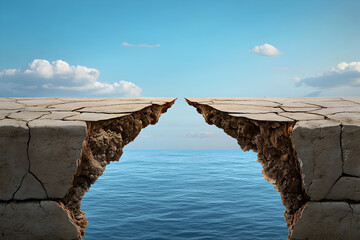 Dramatic cliff divide shows large gap and chasm over ocean, conceptual obstacle and feeling of separation