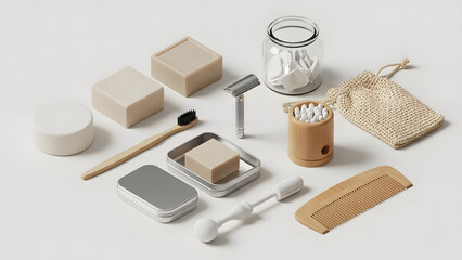 Sustainable zero waste bathroom accessories kit isometric