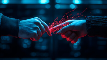 Focused digital marketing war analysis with intense technology. Two business hands connecting on futuristic virtual interface