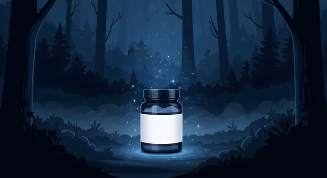 Dark supplement bottle mockup with blank label in a mystical nig