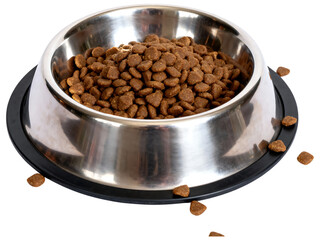 Stainless steel dog bowl filled with brown kibble on black background dog bowl, stainless steel bowl, pet food, brown kibble, black background, pet bowl, food bowl, animal feed, kibble, dog food, meta