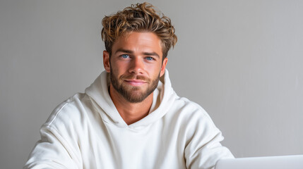  Freelancer Organizing Tasks on Laptop, Approachable Studio Portrait