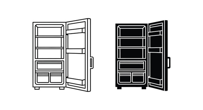 Two refrigerators one open and one closed presented in a simple black and white silhouette