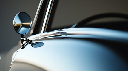 Chrome car detail reflecting light, highlighting its sleek design. The side mirror captures the essence of vintage automotive styling. A close-up shot emphasizes its curves.