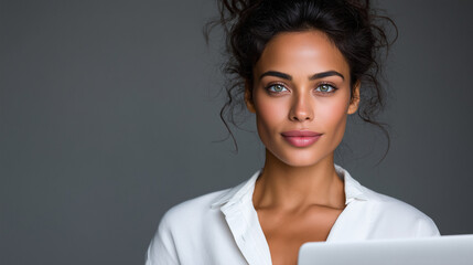 Woman Gently Closing Laptop, Peaceful Corporate Portrait with Copy Space