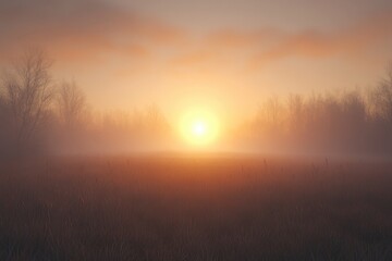 Obraz premium Mist envelops a tranquil landscape as the sun rises behind trees at dawn