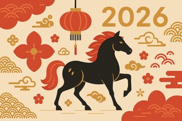 Modern Chinese New Year 2026 template for greeting cards and banners with contemporary festive art