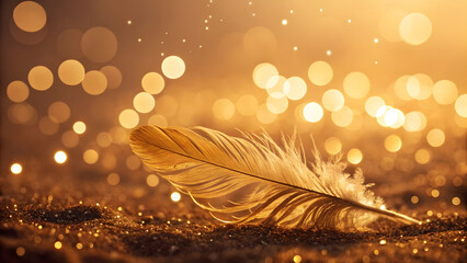 Golden Feather on Glittering Background