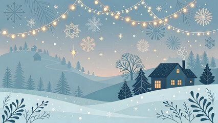 Winter Village Landscape with Festive Lights