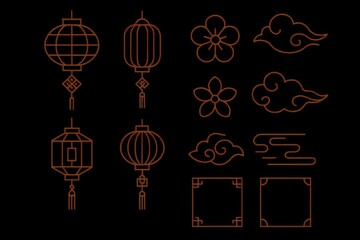 Modern minimalist Chinese New Year illustrations with line art lanterns floral motifs and frames